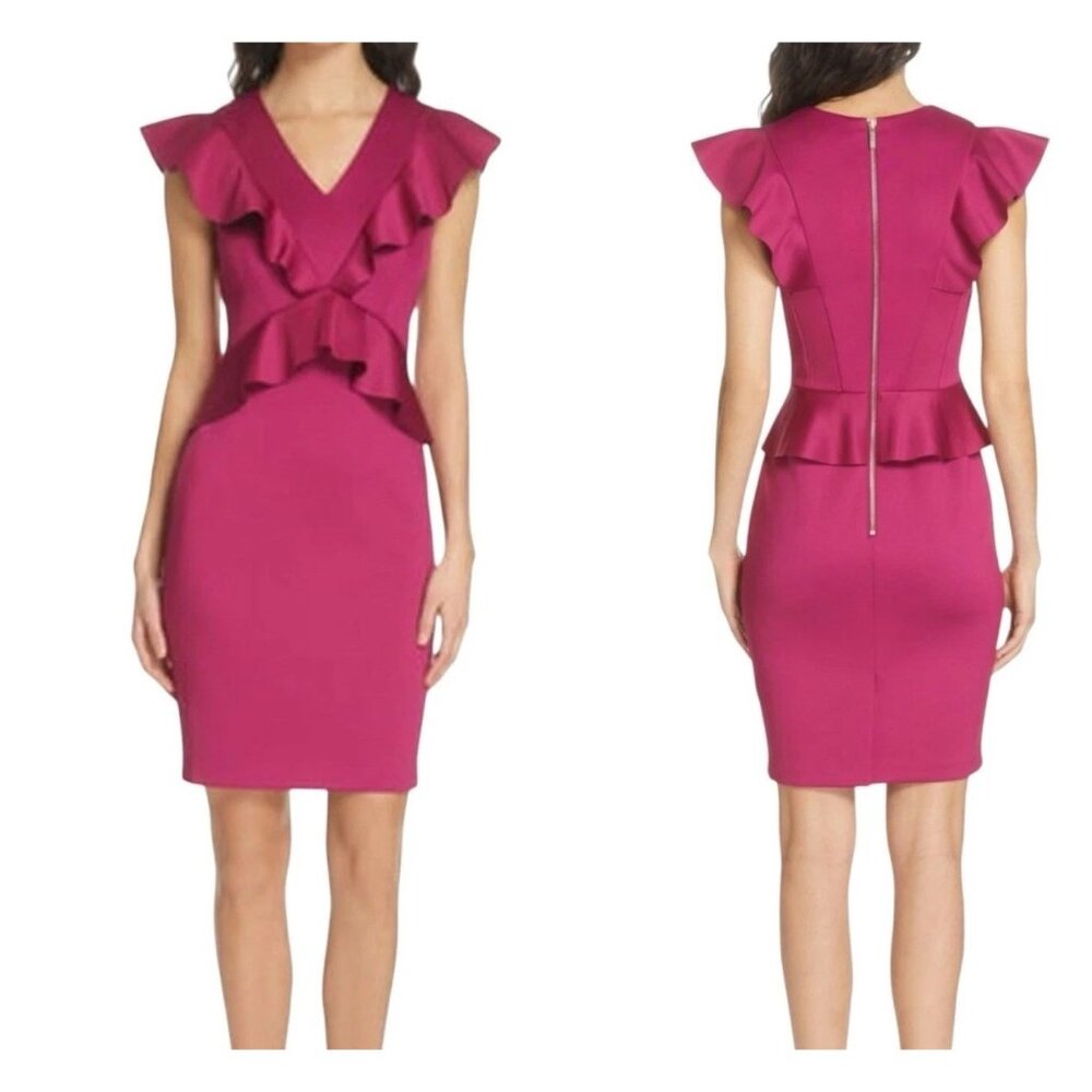 Ted Baker Alair Ruffled Peplum Deep Pink Bodycon Cocktail Holiday Dress Size 4